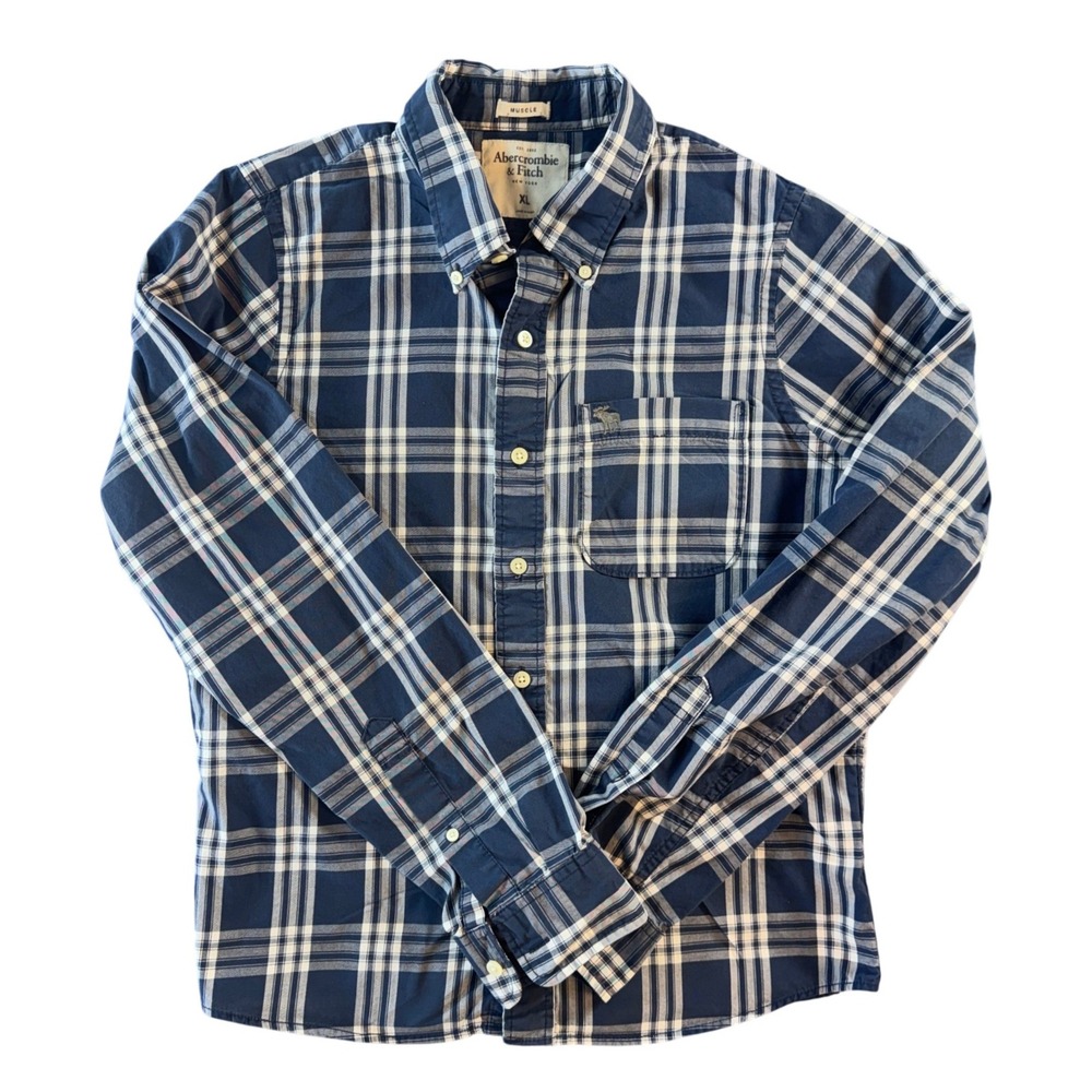 Abercrombie‎ & Fitch Mens Muscle Fit Plaid Button Down Shirt Navy White XL